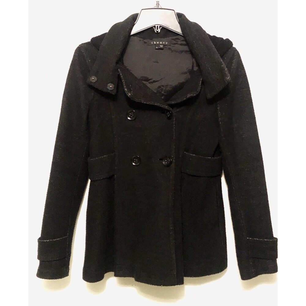 Theory Double Breasted Peacoat Black Coat Jacket Hooded Belt S Small